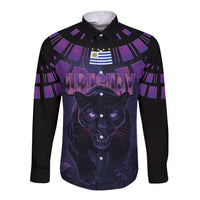Custom Uruguay National Football Long Sleeve Button Shirt La Celeste South America Wildcat Neon Graphic