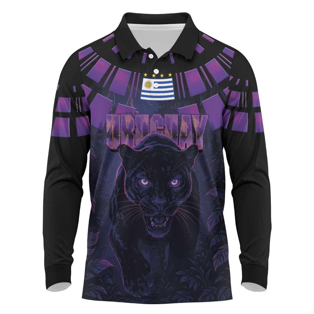 Custom Uruguay National Football Long Sleeve Polo Shirt La Celeste South America Wildcat Neon Graphic