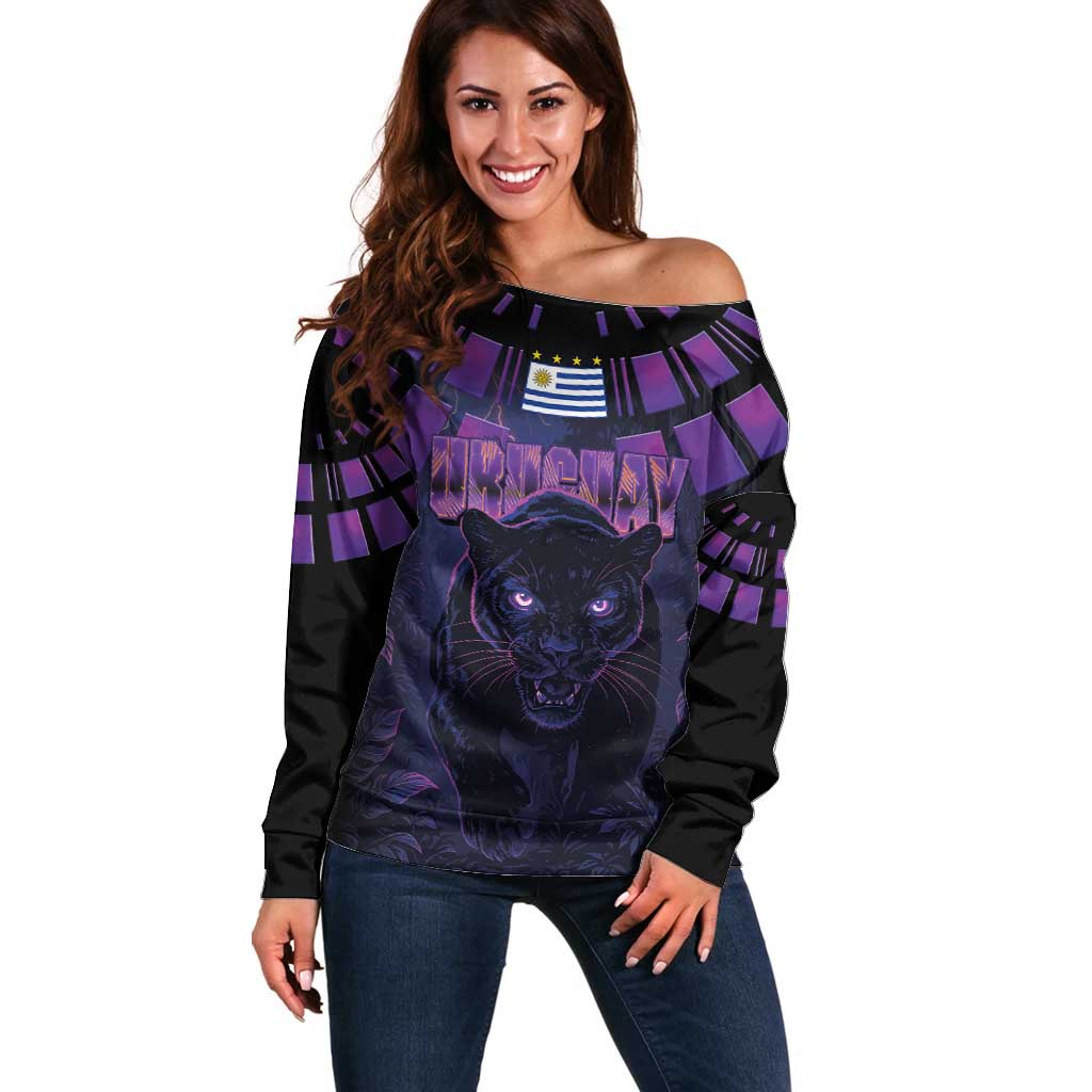 Custom Uruguay National Football Off Shoulder Sweater La Celeste South America Wildcat Neon Graphic
