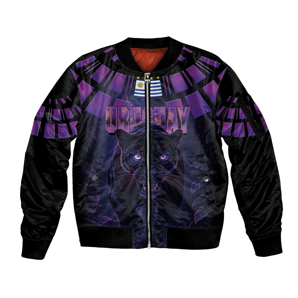 Custom Uruguay National Football Sleeve Zip Bomber Jacket La Celeste South America Wildcat Neon Graphic