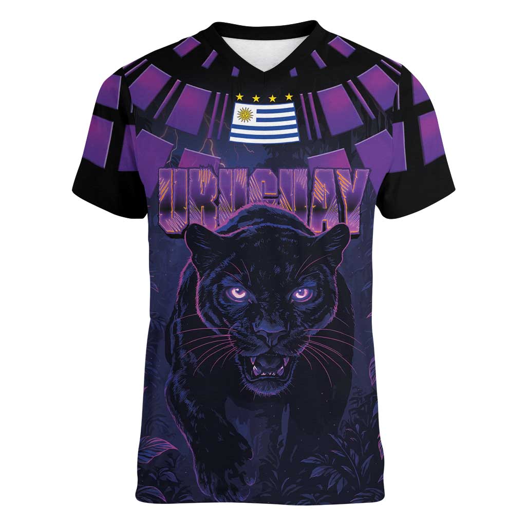 Custom Uruguay National Football Women V-Neck T-Shirt La Celeste South America Wildcat Neon Graphic