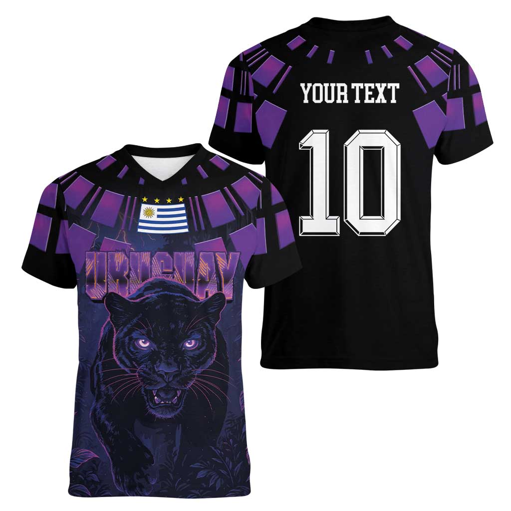 Custom Uruguay National Football Women V-Neck T-Shirt La Celeste South America Wildcat Neon Graphic