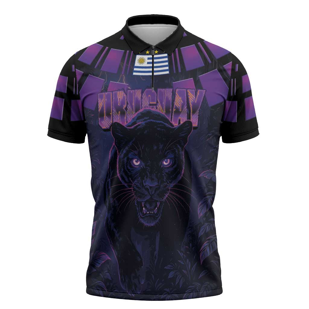 Custom Uruguay National Football Zipper Polo Shirt La Celeste South America Wildcat Neon Graphic