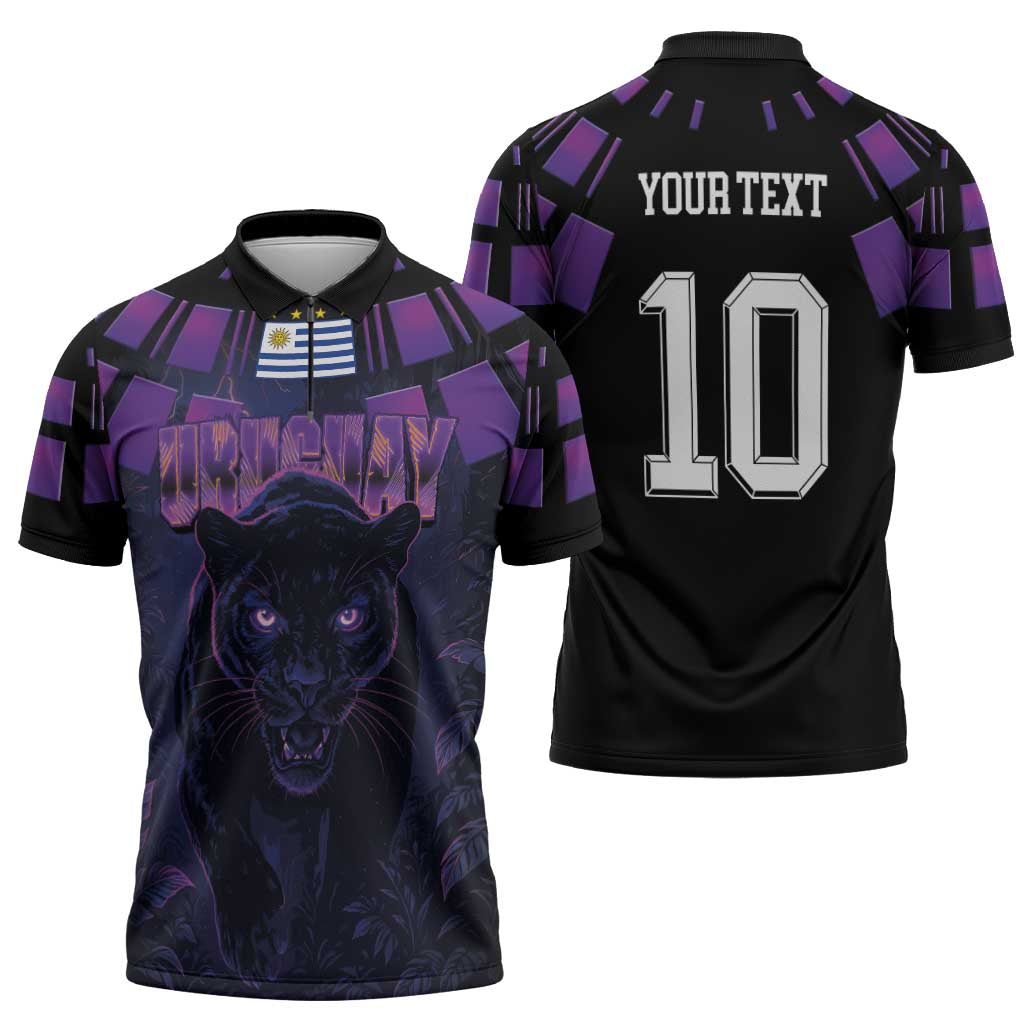 Custom Uruguay National Football Zipper Polo Shirt La Celeste South America Wildcat Neon Graphic