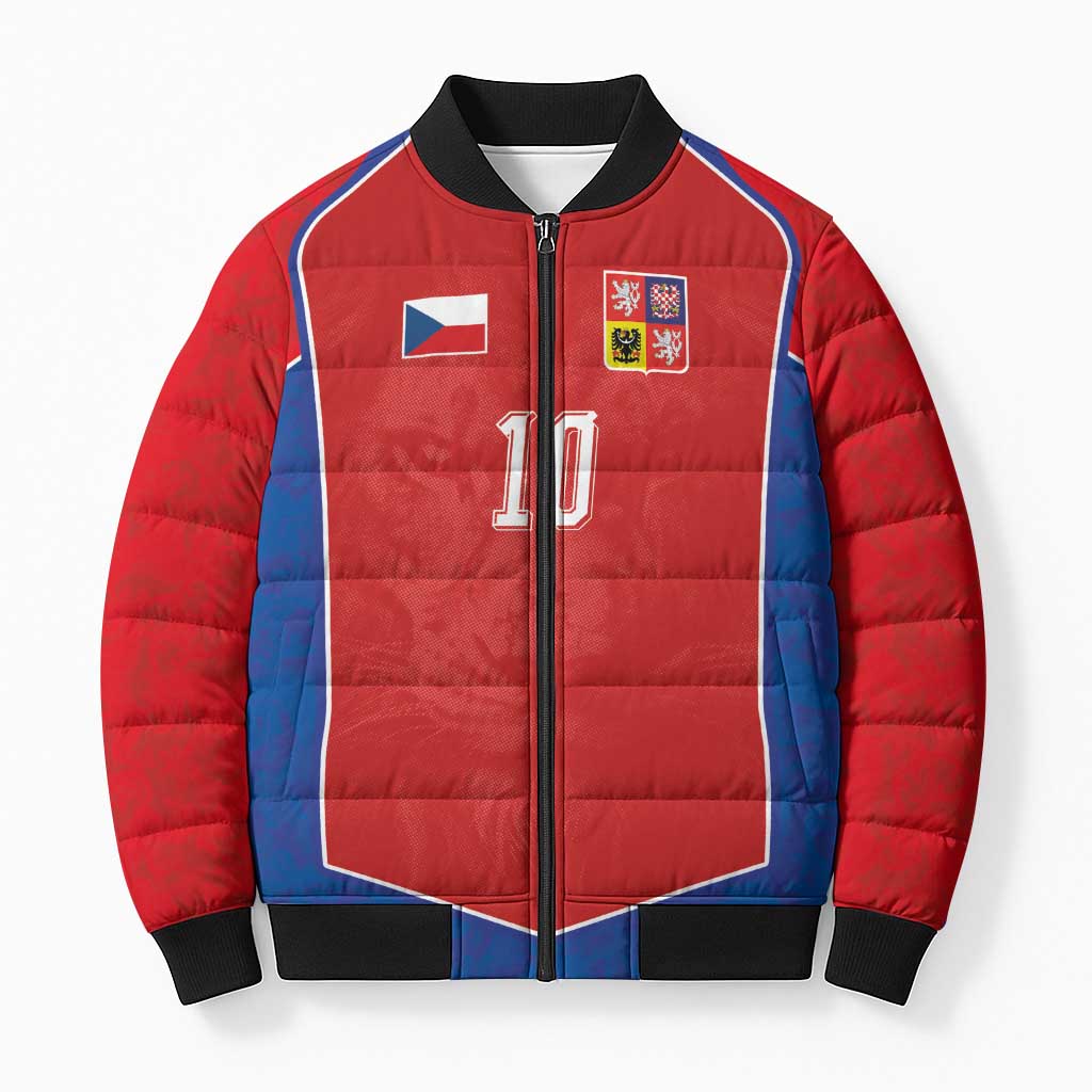 Custom Czechia National Football Bomber Puffer Jacket Halftone Lion Graphic T90 Style