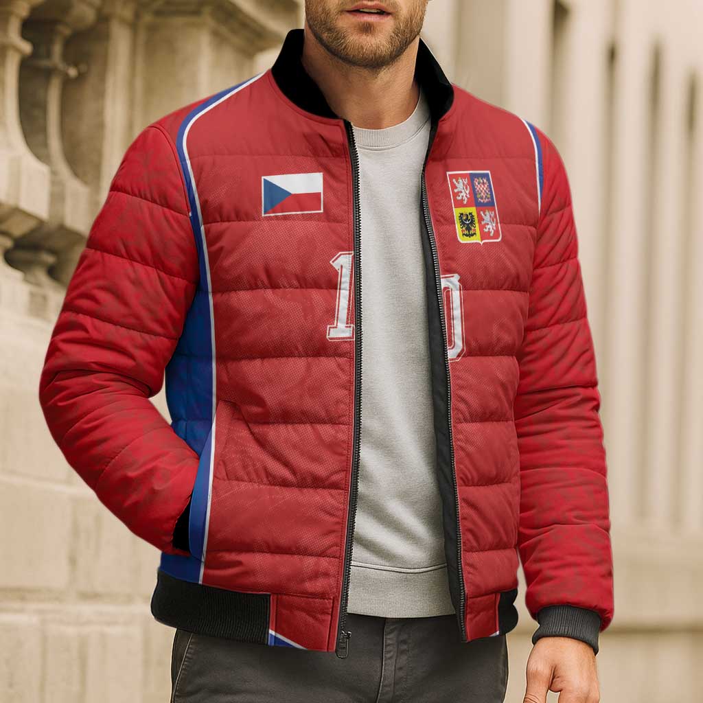 Custom Czechia National Football Bomber Puffer Jacket Halftone Lion Graphic T90 Style
