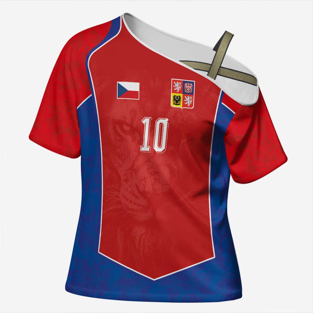 Custom Czechia National Football Cross Shoulder Shirt Halftone Lion Graphic T90 Style