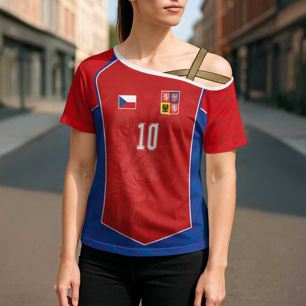 Custom Czechia National Football Cross Shoulder Shirt Halftone Lion Graphic T90 Style
