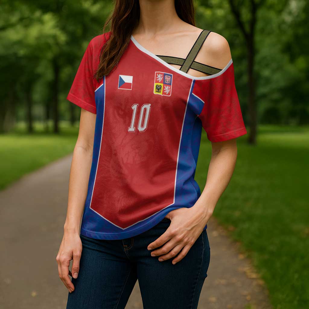 Custom Czechia National Football Cross Shoulder Shirt Halftone Lion Graphic T90 Style