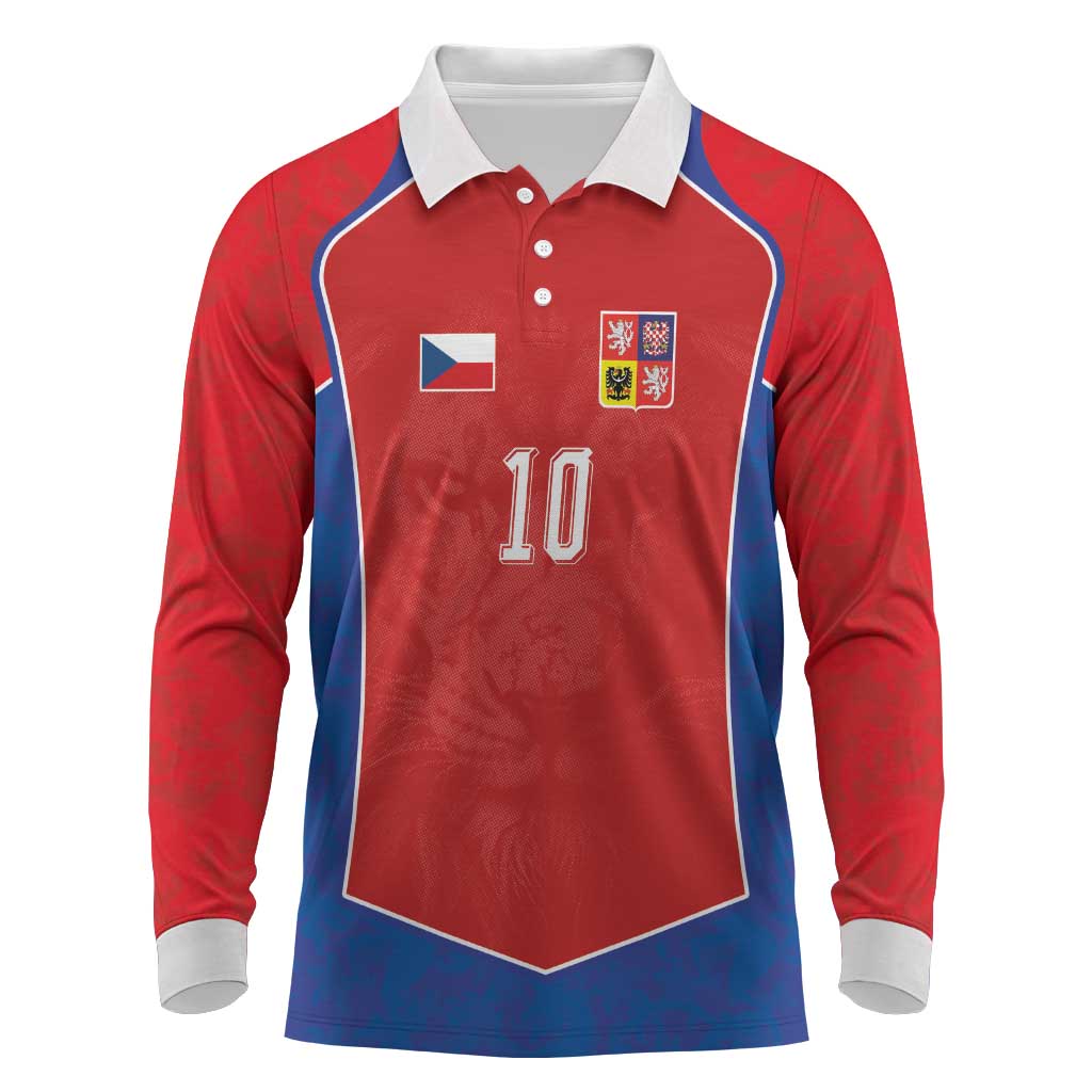 Custom Czechia National Football Long Sleeve Polo Shirt Halftone Lion Graphic T90 Style