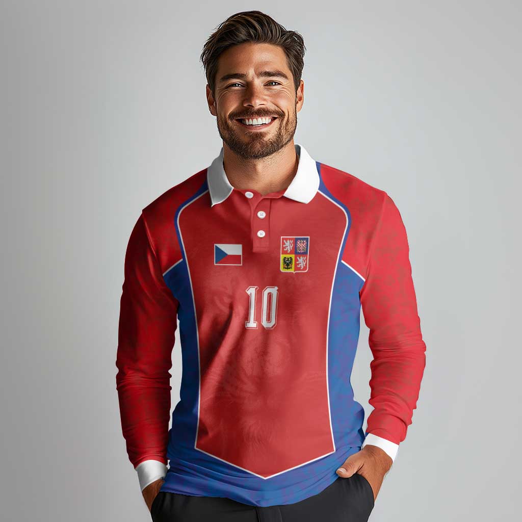 Custom Czechia National Football Long Sleeve Polo Shirt Halftone Lion Graphic T90 Style