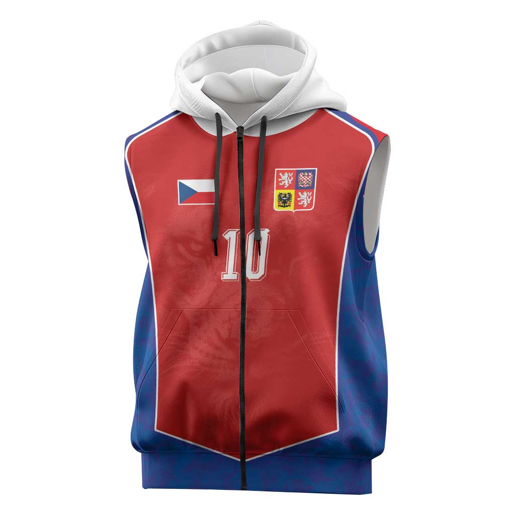 Custom Czechia National Football Sleeveless Zip Hoodie Halftone Lion Graphic T90 Style