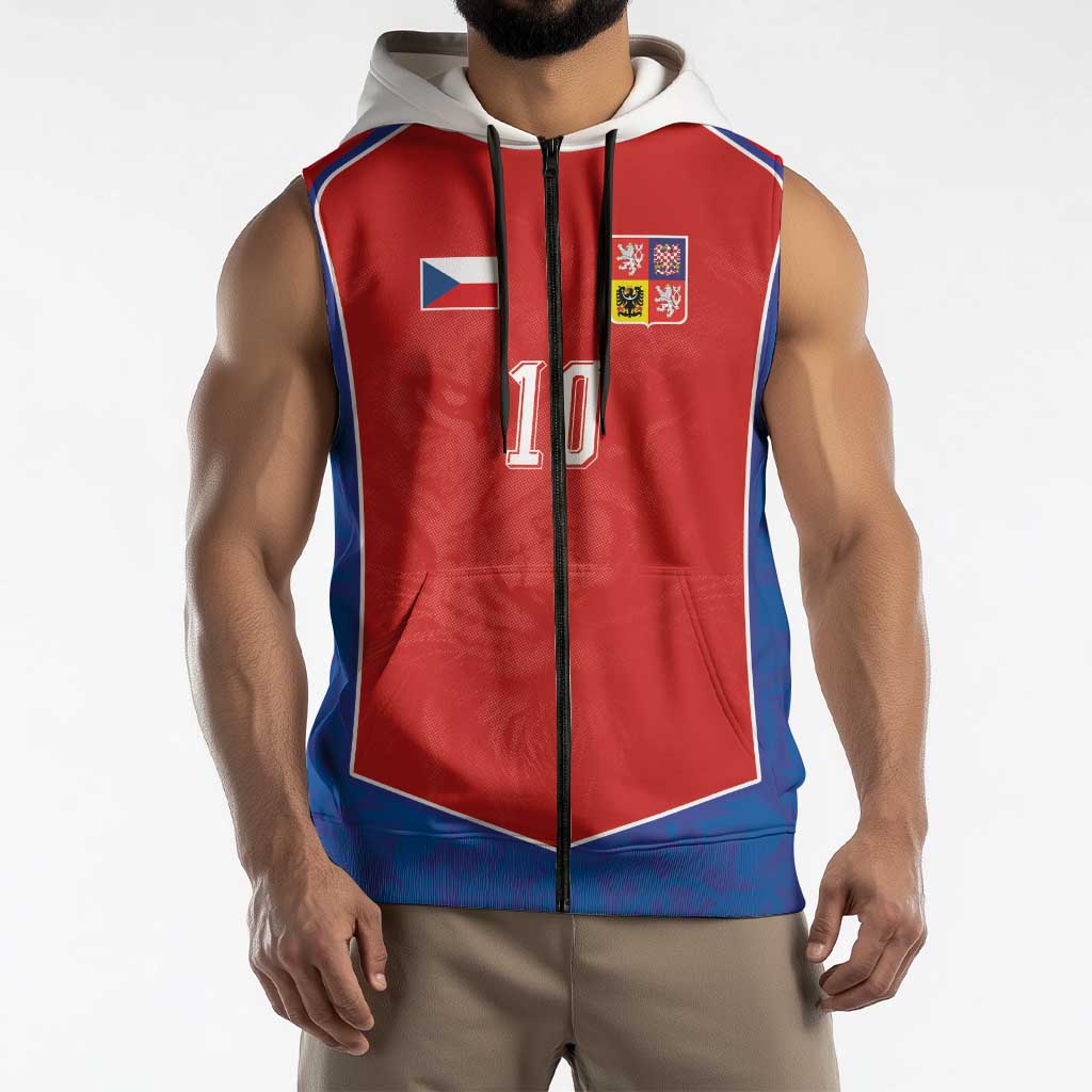 Custom Czechia National Football Sleeveless Zip Hoodie Halftone Lion Graphic T90 Style