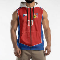 Custom Czechia National Football Sleeveless Zip Hoodie Halftone Lion Graphic T90 Style