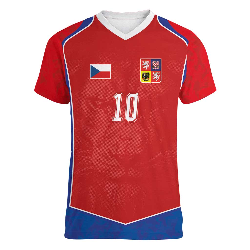 Custom Czechia National Football Women V-Neck T-Shirt Halftone Lion Graphic T90 Style