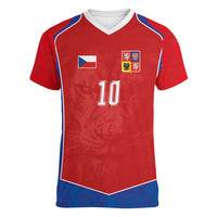 Custom Czechia National Football Women V-Neck T-Shirt Halftone Lion Graphic T90 Style