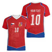 Custom Czechia National Football Women V-Neck T-Shirt Halftone Lion Graphic T90 Style