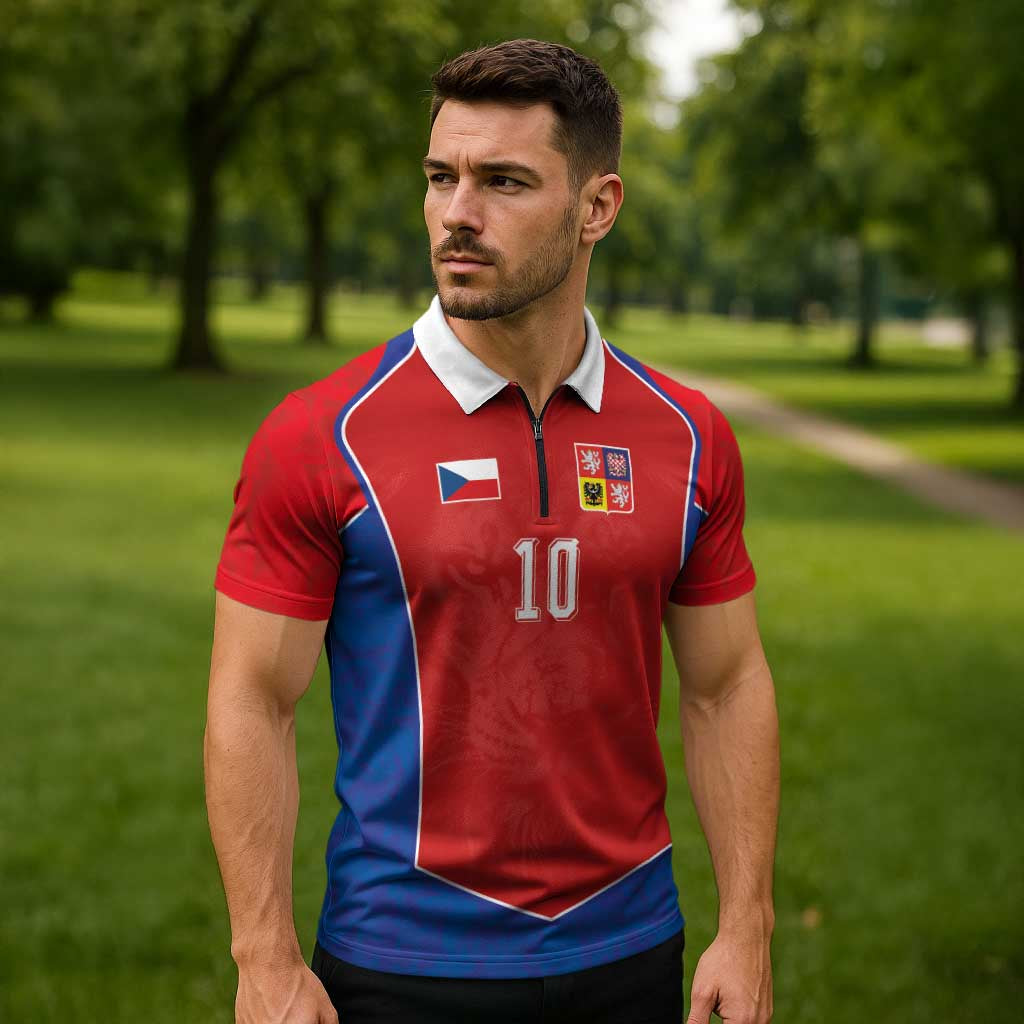 Custom Czechia National Football Zipper Polo Shirt Halftone Lion Graphic T90 Style