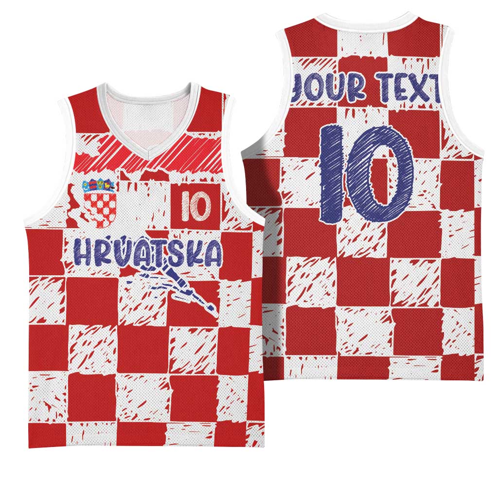 Custom Hrvatska National Football Basketball Jersey Checkerboard Sketch Style
