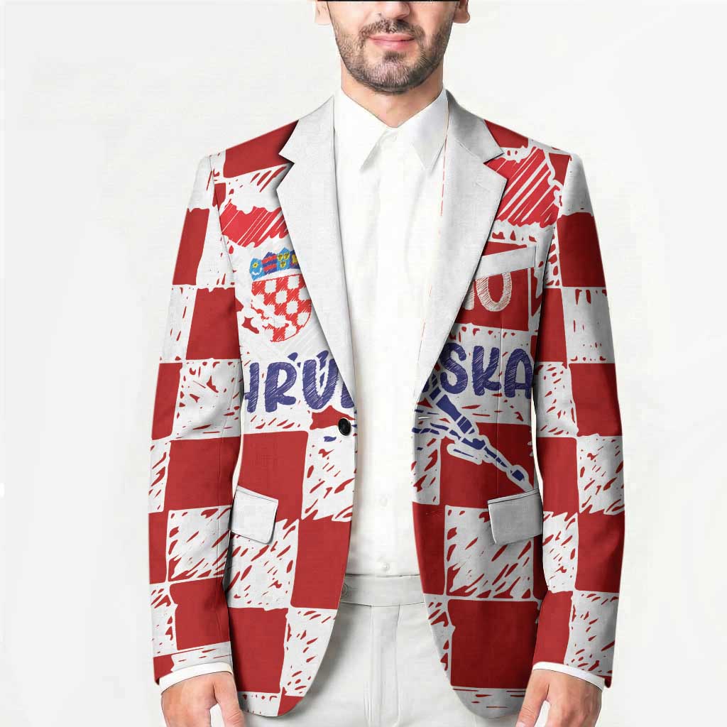 Custom Hrvatska National Football Blazer Checkerboard Sketch Style