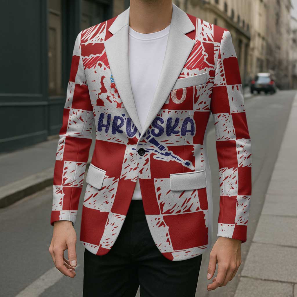 Custom Hrvatska National Football Blazer Checkerboard Sketch Style