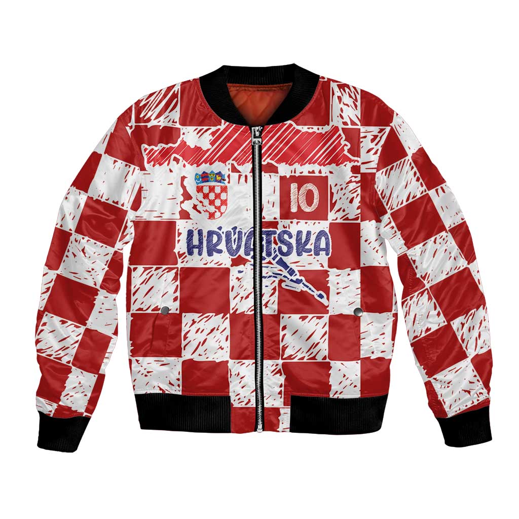 Custom Hrvatska National Football Bomber Jacket Checkerboard Sketch Style