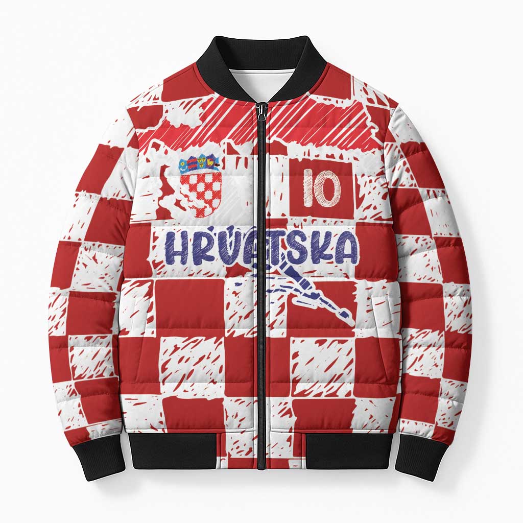 Custom Hrvatska National Football Bomber Puffer Jacket Checkerboard Sketch Style