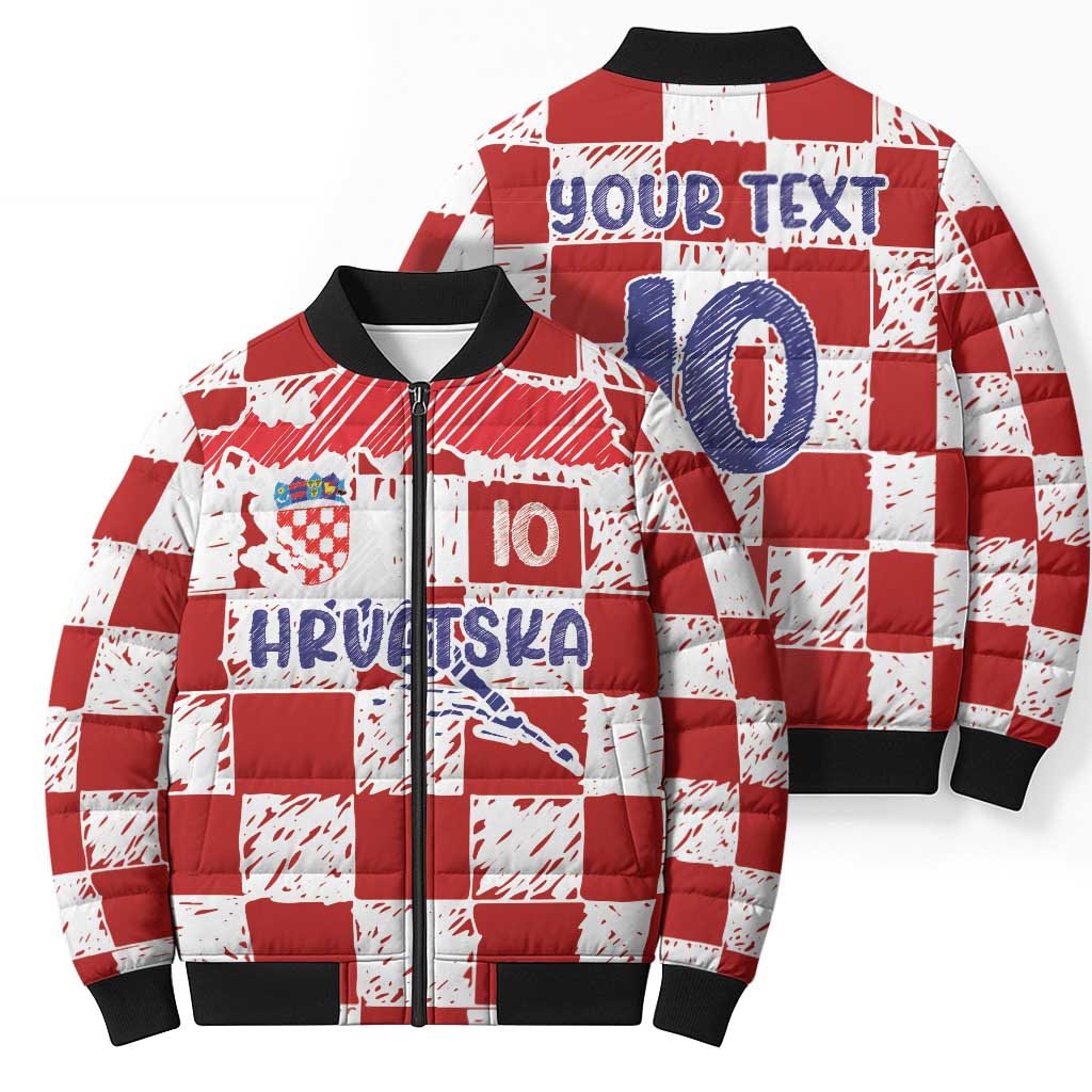Custom Hrvatska National Football Bomber Puffer Jacket Checkerboard Sketch Style