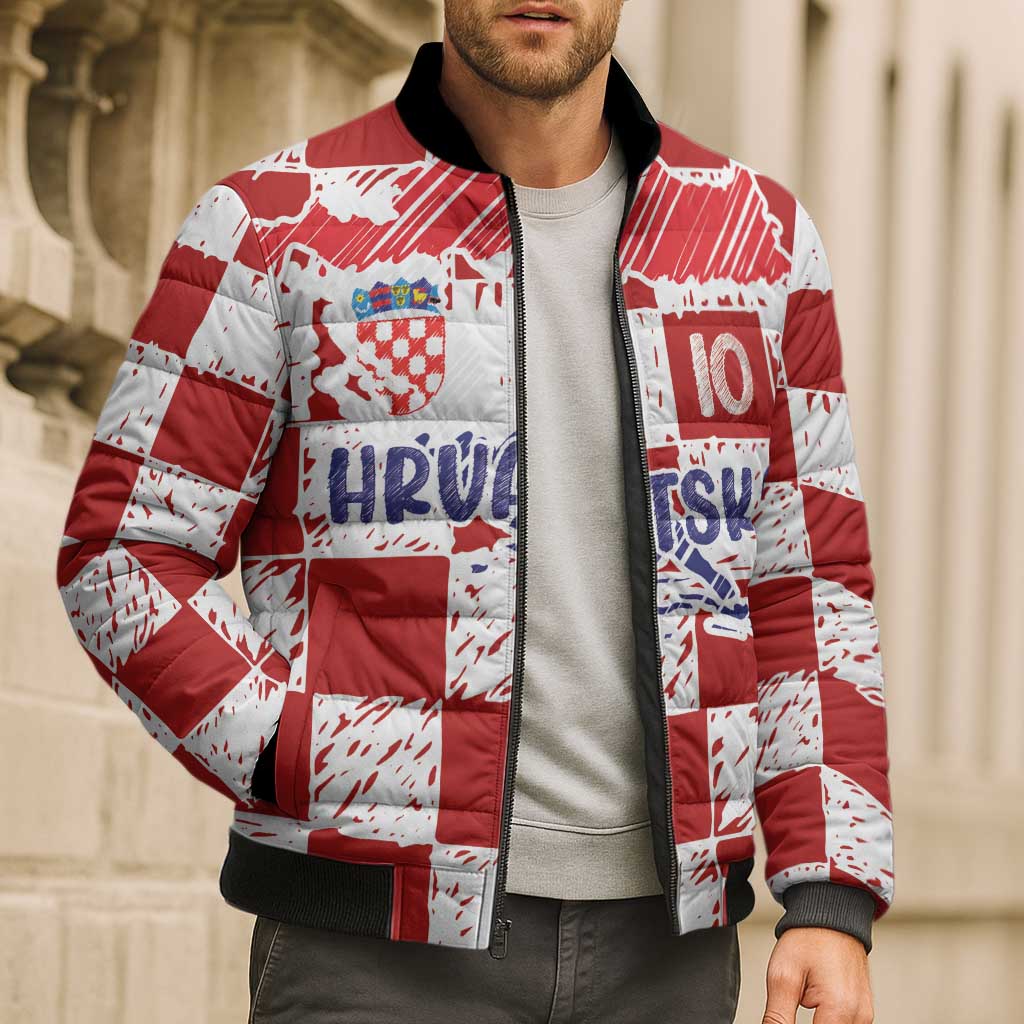 Custom Hrvatska National Football Bomber Puffer Jacket Checkerboard Sketch Style