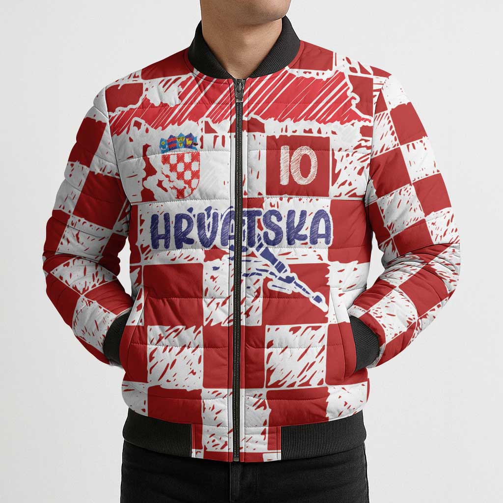 Custom Hrvatska National Football Bomber Puffer Jacket Checkerboard Sketch Style