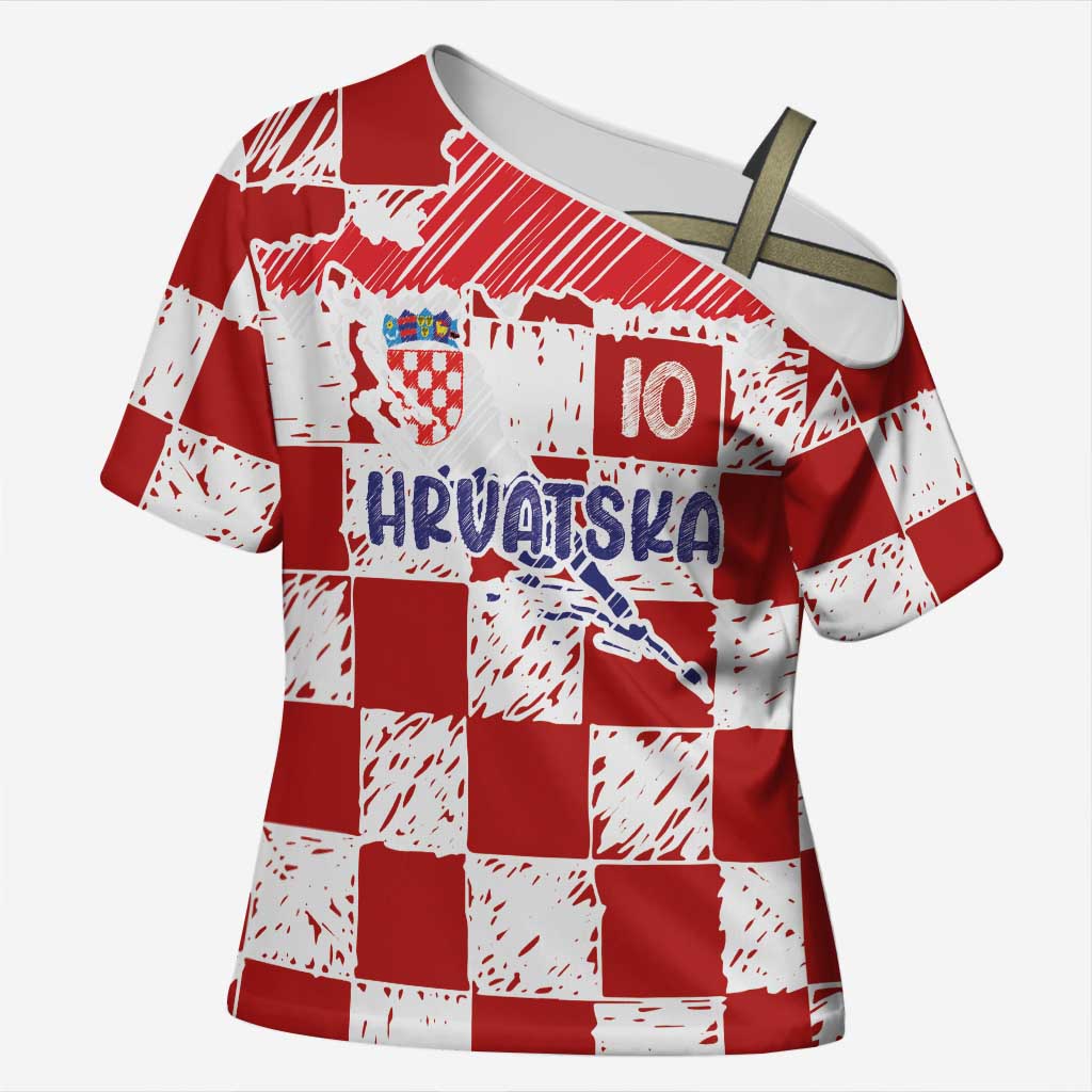 Custom Hrvatska National Football Cross Shoulder Shirt Checkerboard Sketch Style