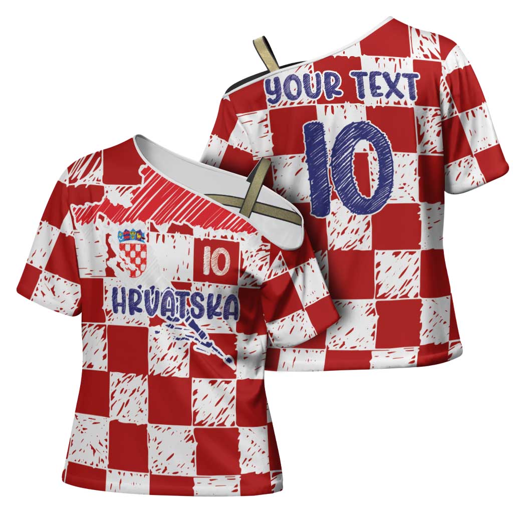 Custom Hrvatska National Football Cross Shoulder Shirt Checkerboard Sketch Style