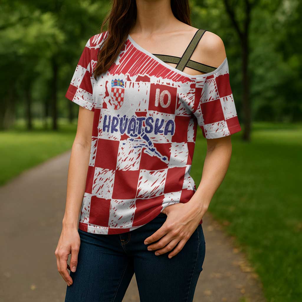 Custom Hrvatska National Football Cross Shoulder Shirt Checkerboard Sketch Style