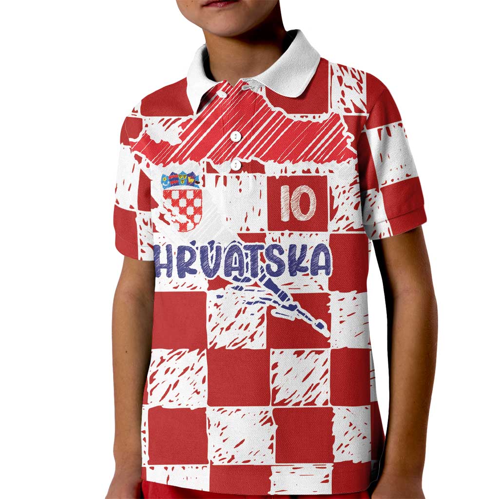 Custom Hrvatska National Football Kid Polo Shirt Checkerboard Sketch Style
