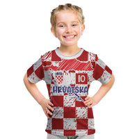 Custom Hrvatska National Football Kid T Shirt Checkerboard Sketch Style