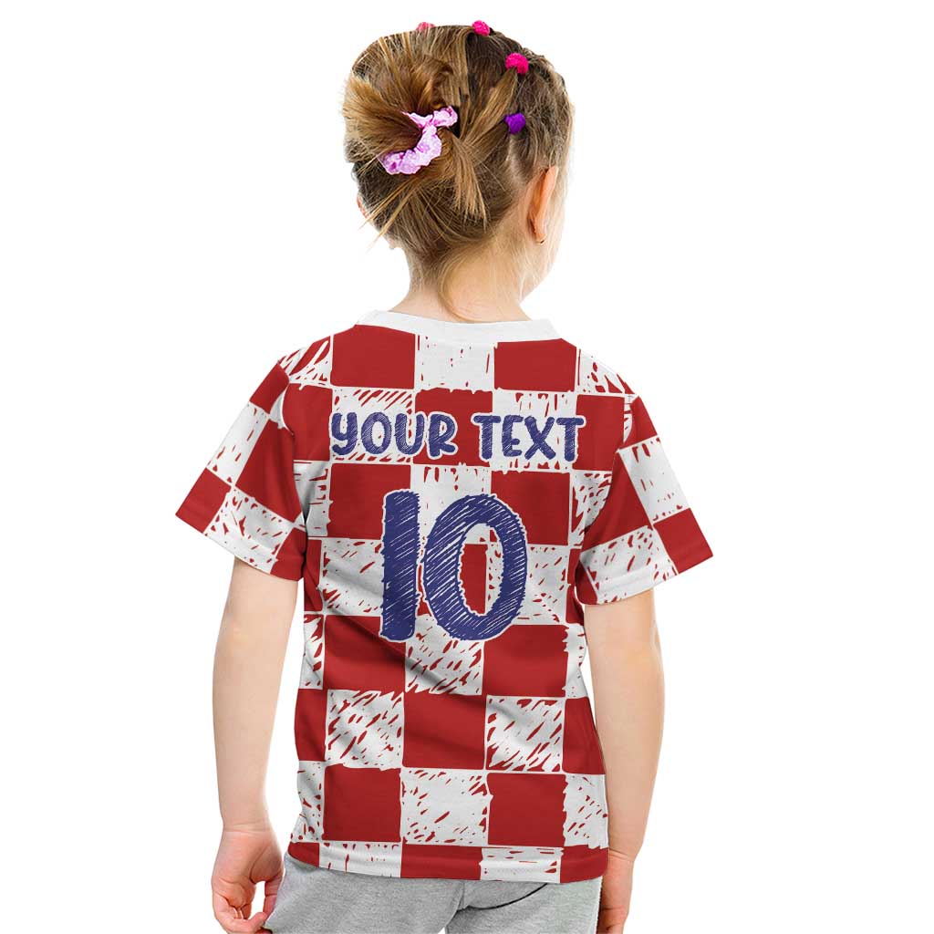 Custom Hrvatska National Football Kid T Shirt Checkerboard Sketch Style