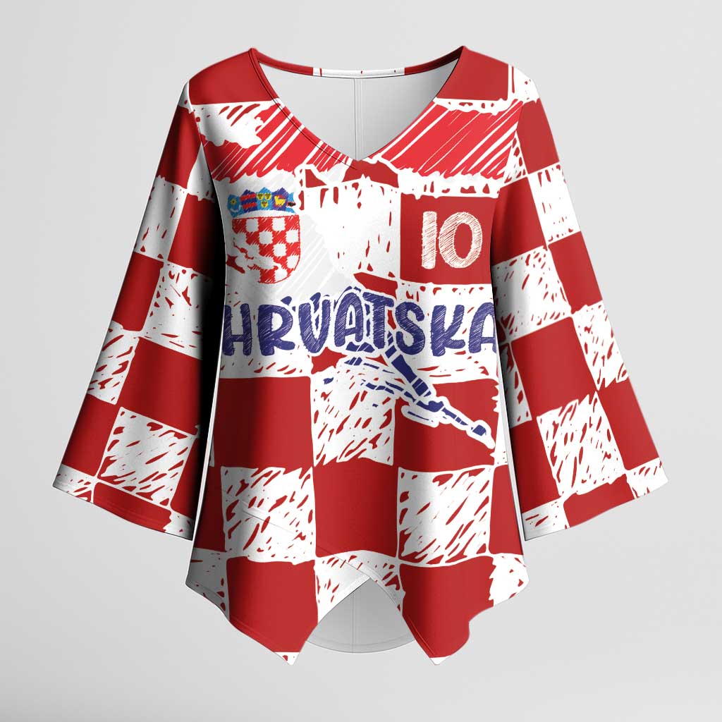 Custom Hrvatska National Football Kimono Sleeve Blouse Checkerboard Sketch Style