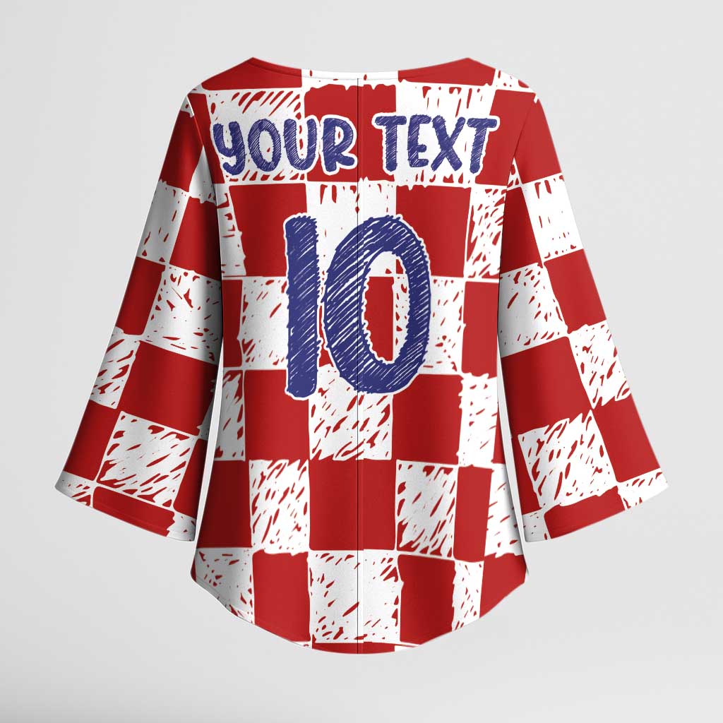 Custom Hrvatska National Football Kimono Sleeve Blouse Checkerboard Sketch Style