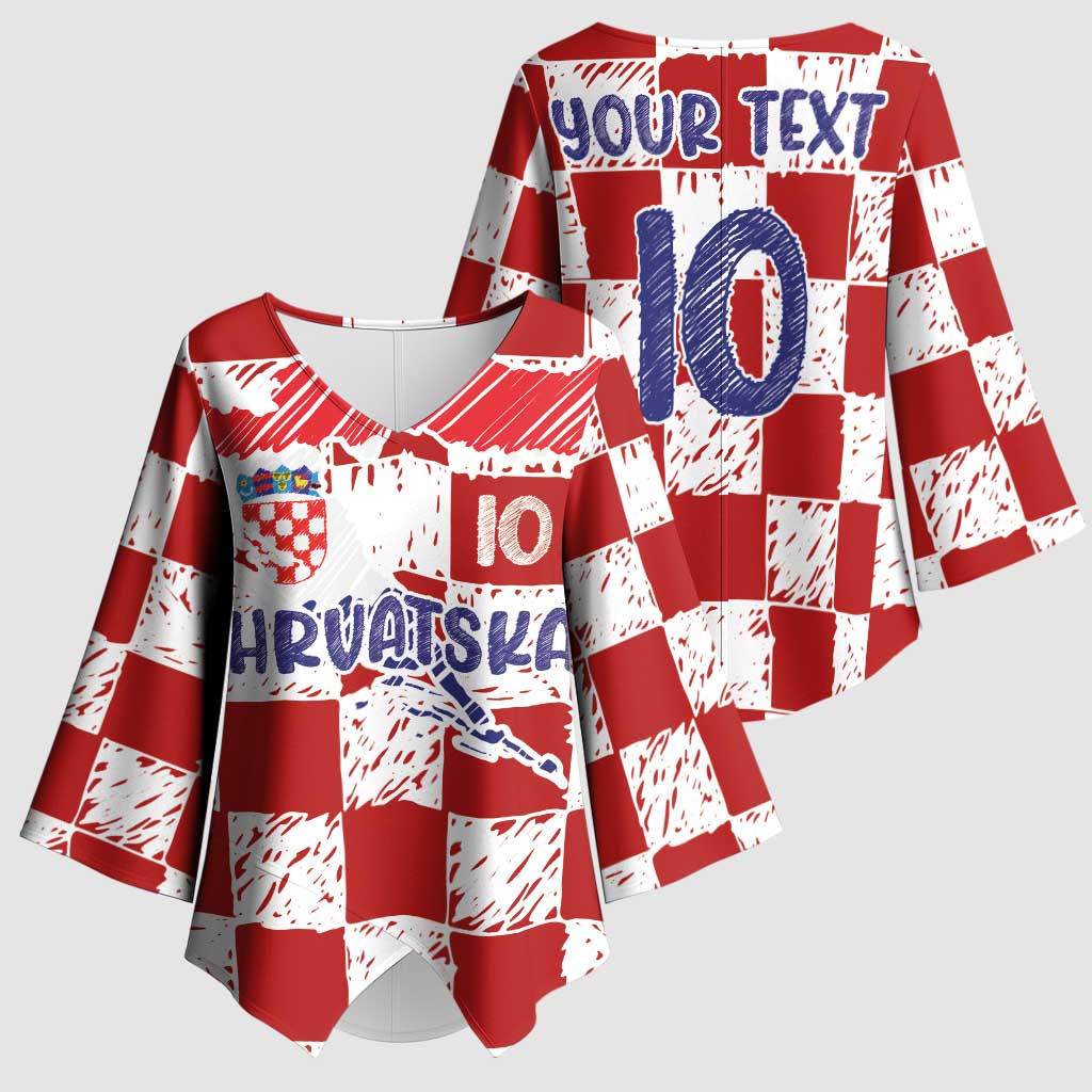 Custom Hrvatska National Football Kimono Sleeve Blouse Checkerboard Sketch Style