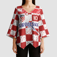 Custom Hrvatska National Football Kimono Sleeve Blouse Checkerboard Sketch Style