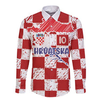 Custom Hrvatska National Football Long Sleeve Button Shirt Checkerboard Sketch Style