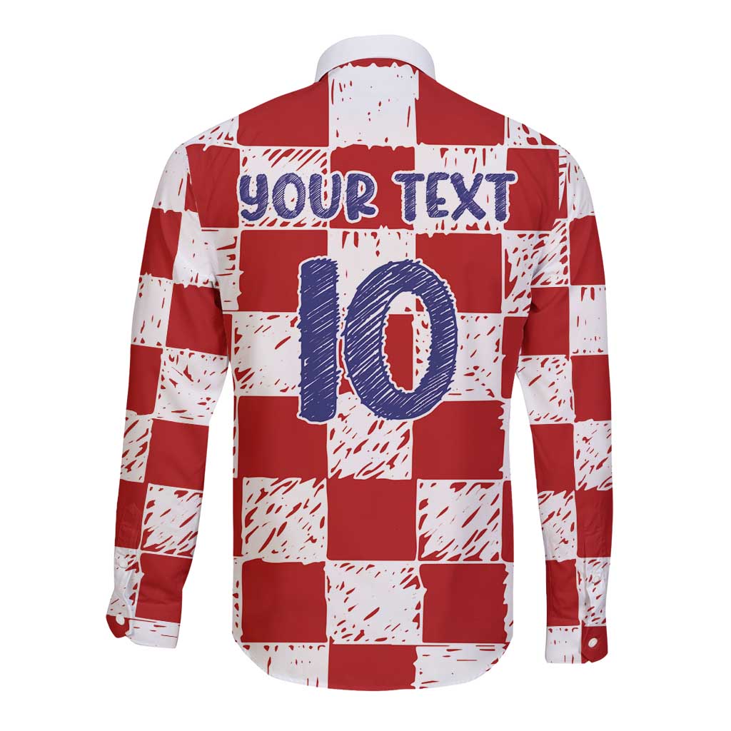 Custom Hrvatska National Football Long Sleeve Button Shirt Checkerboard Sketch Style
