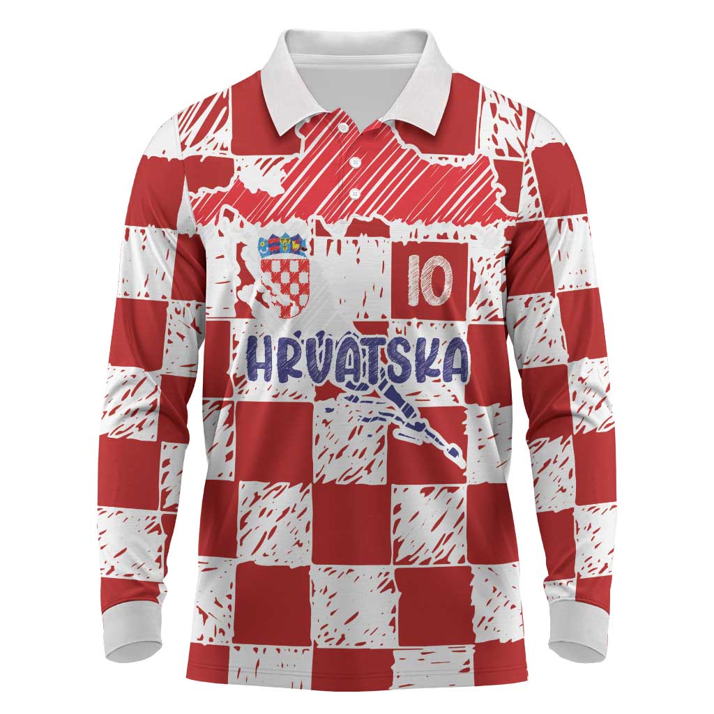 Custom Hrvatska National Football Long Sleeve Polo Shirt Checkerboard Sketch Style