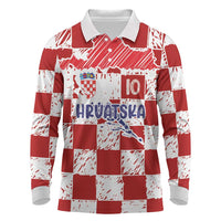 Custom Hrvatska National Football Long Sleeve Polo Shirt Checkerboard Sketch Style