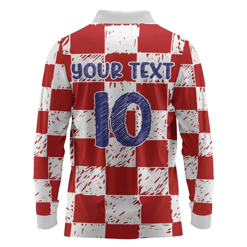 Custom Hrvatska National Football Long Sleeve Polo Shirt Checkerboard Sketch Style