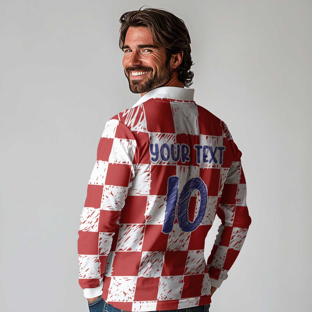 Custom Hrvatska National Football Long Sleeve Polo Shirt Checkerboard Sketch Style