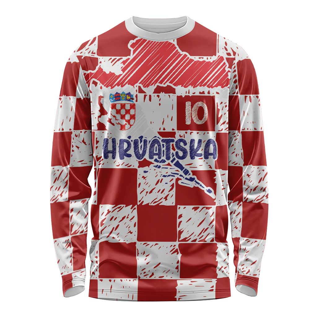 Custom Hrvatska National Football Long Sleeve Shirt Checkerboard Sketch Style