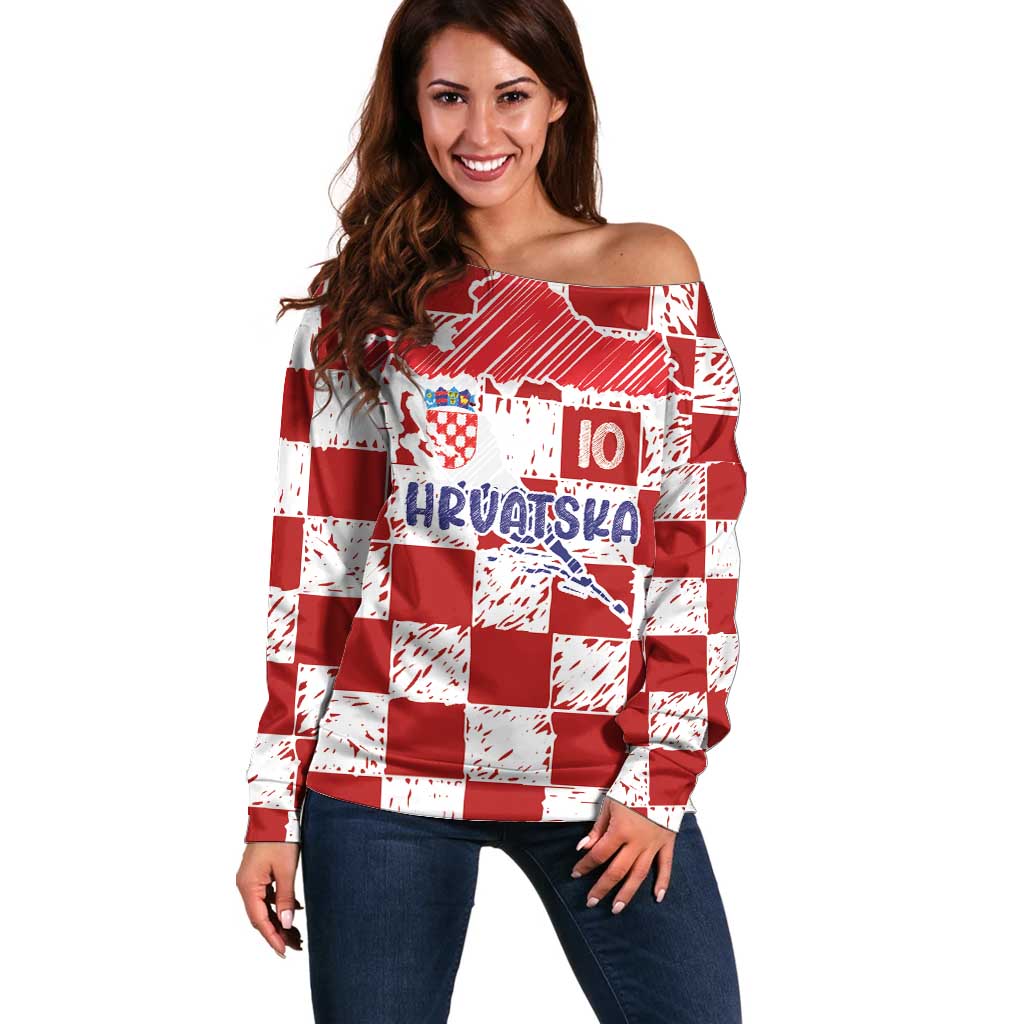 Custom Hrvatska National Football Off Shoulder Sweater Checkerboard Sketch Style