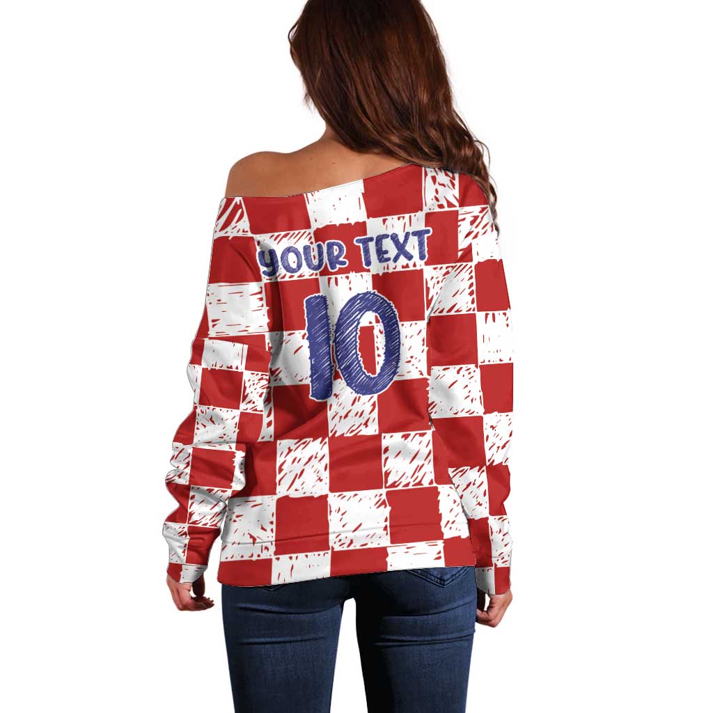 Custom Hrvatska National Football Off Shoulder Sweater Checkerboard Sketch Style