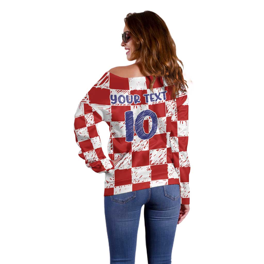 Custom Hrvatska National Football Off Shoulder Sweater Checkerboard Sketch Style